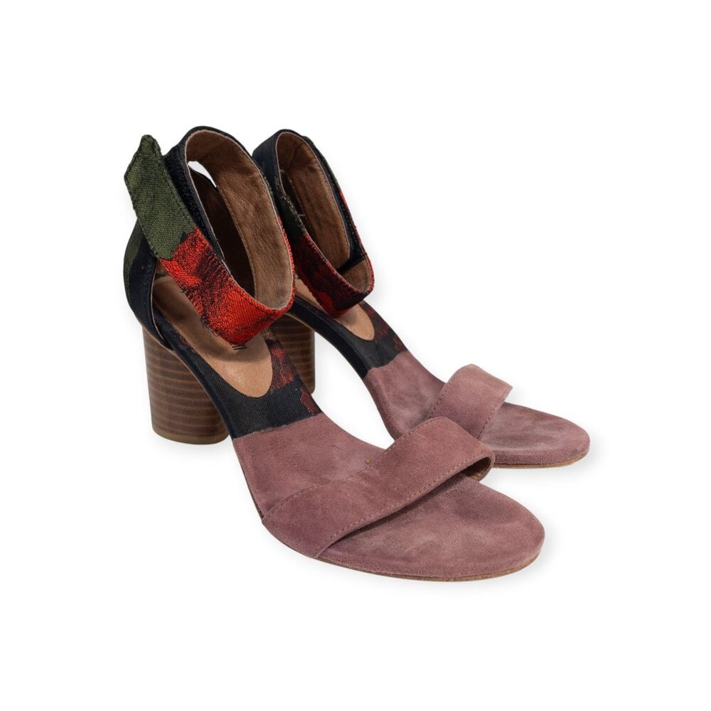 Jeffrey Campbell Embroidered Suede Strappy Sandal Wood Block Heel SZ 6.5 Purdy